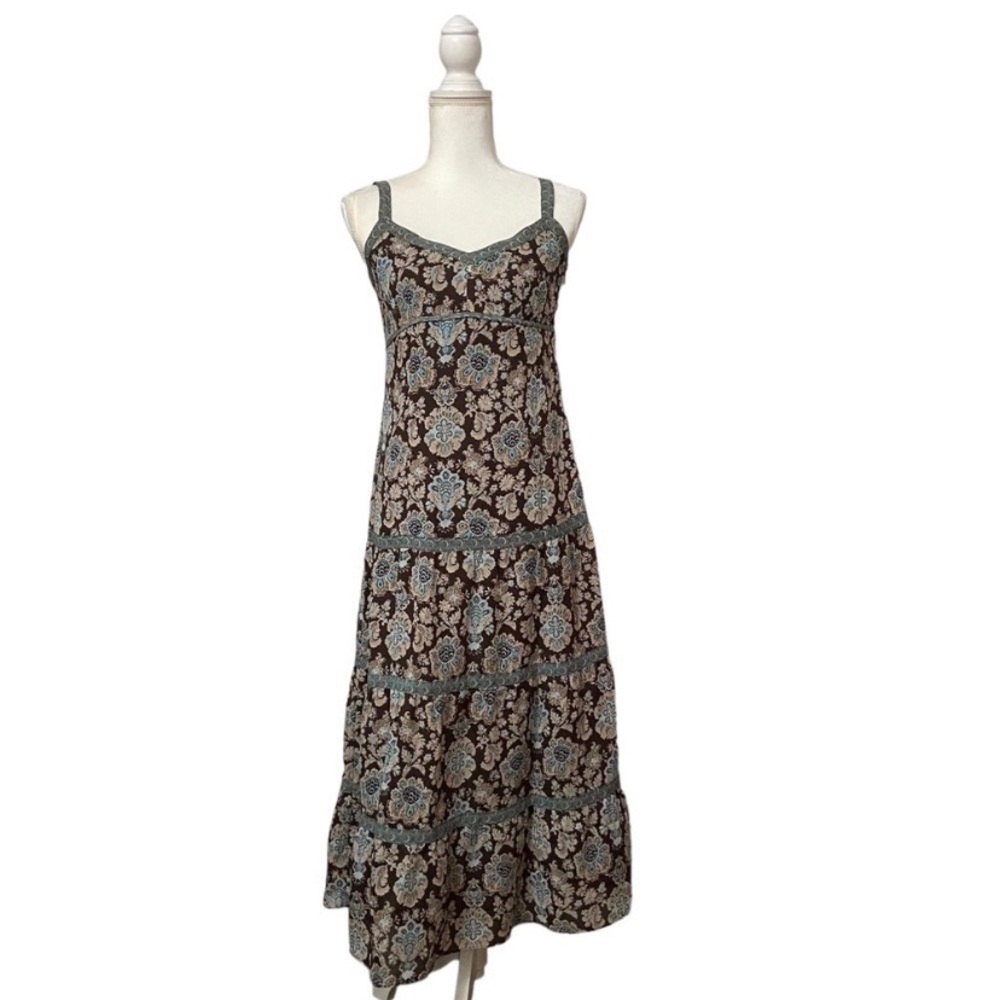 Ann Taylor LOFT Boho Floral Maxi Dress 0P | Brown Blue | Tiered Sundress | NWOT‍